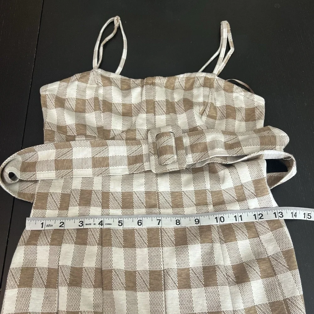 En Saison ANTHROPOLOGIE Mani Gingham Plaid Jumpsuit Size XS Beige Belted Pockets